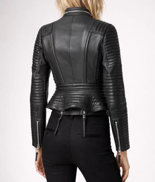 Women's Peplum Waist Leather Biker Jacket - Back
