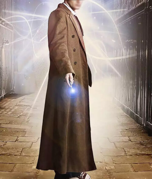 10th Doctor Brown Trench Coat - 10th Doctor Coat | Men's Wool Trench Coat - Front View