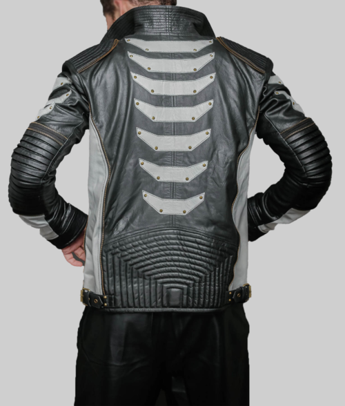 Frank Mens Metallic Black Biker Jacket-BackView