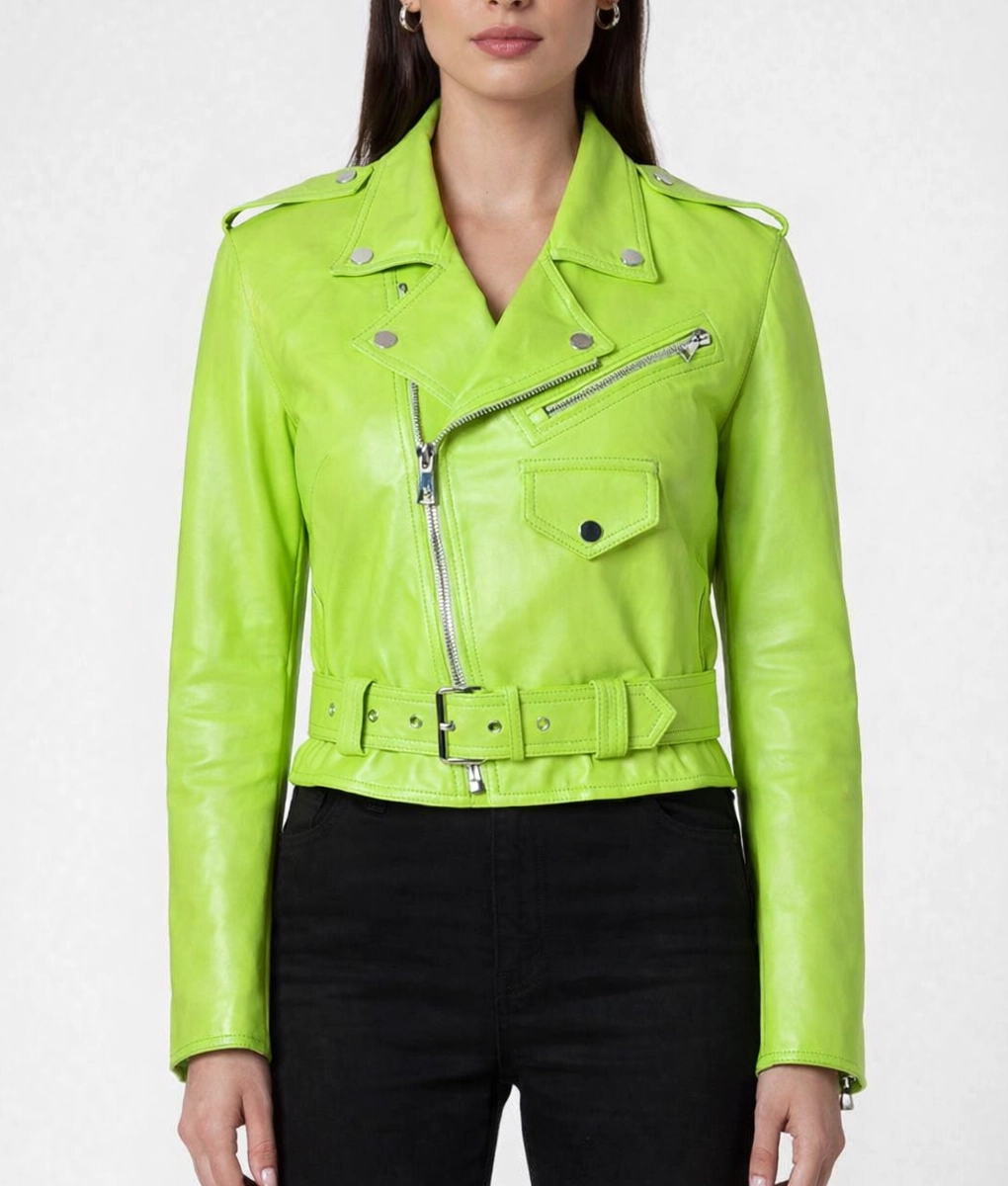 Women's Biker Lime Green Leather Jacket | TLC