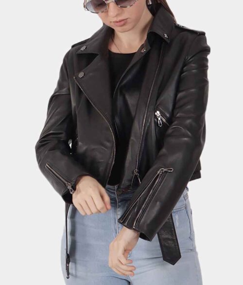 Women Black Leather Biker Jacket - Black Leather Biker Jacket Women | Women's Leather Biker Jacket - Front View
