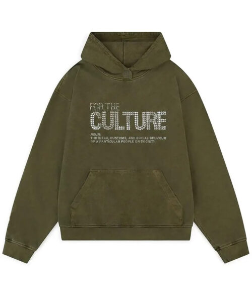 For the Culture Green Hoodie - For the Culture Rhinestone Hoodie | Men's Leather Hoodie - Front View