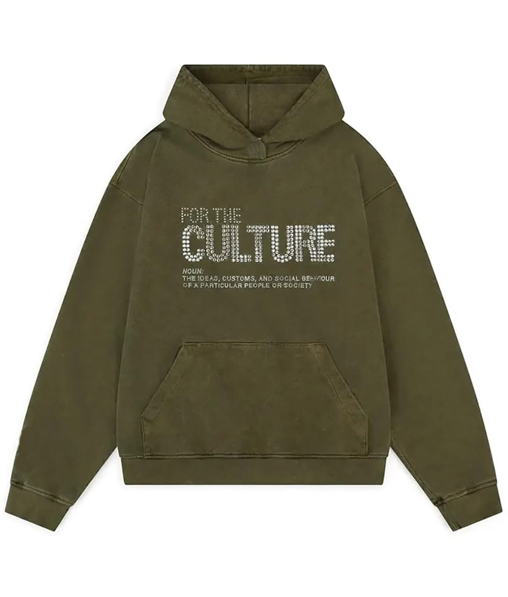 For the Culture Green Hoodie - For the Culture Rhinestone Hoodie | Men's Leather Hoodie - Front View