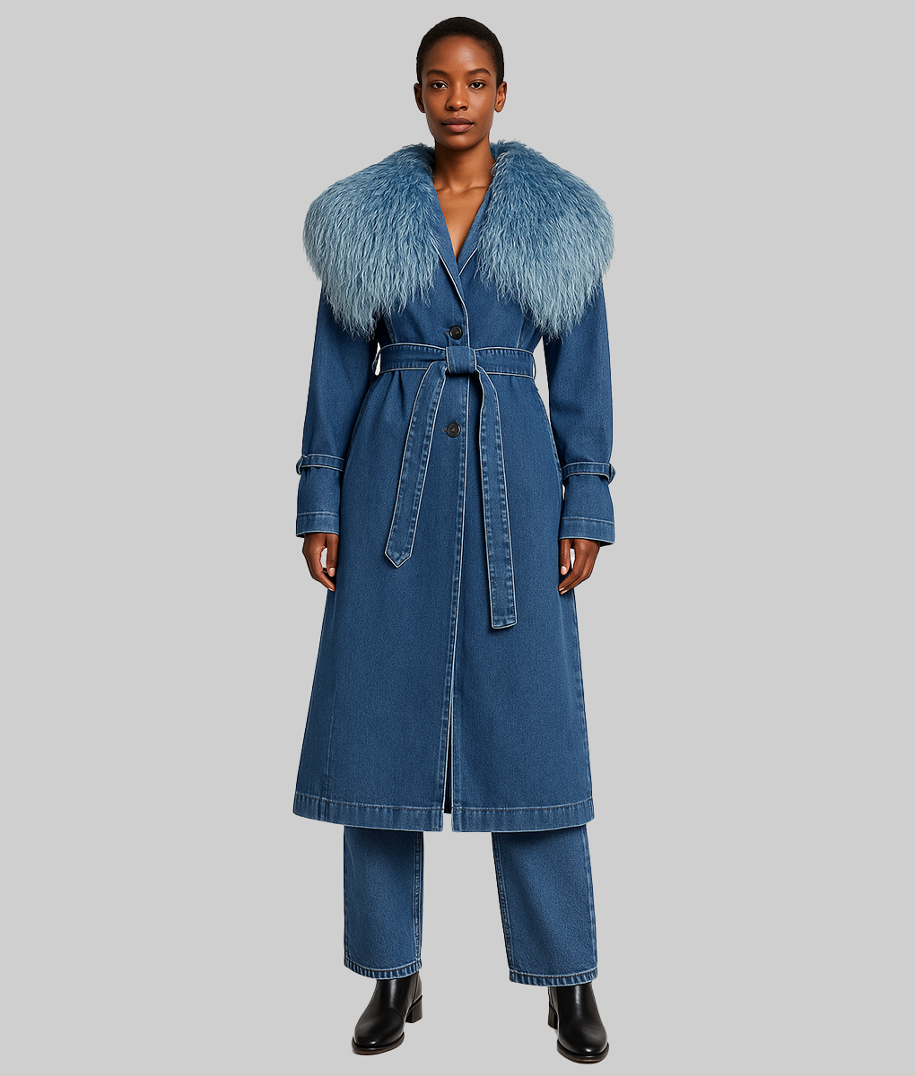 Jennifer Lopez Denim Shearling Trim Trench Coat - Womens Denim