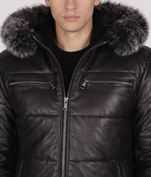 Men's Black Leather Puffer Jacket with Hood | Men's Black Leather Puffer Jacket-3