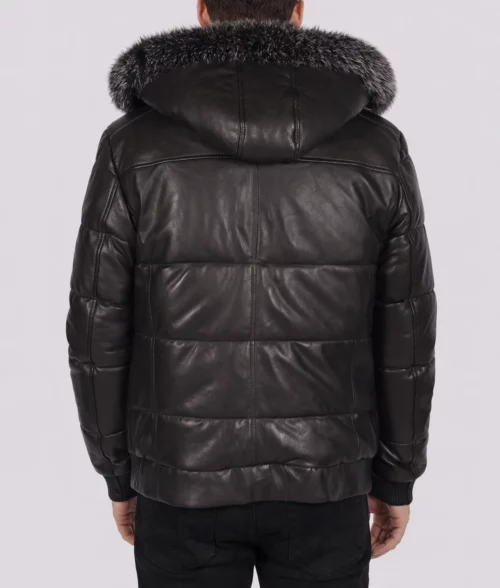 Men's Black Leather Puffer Jacket with Hood | Men's Black Leather Puffer Jacket-4