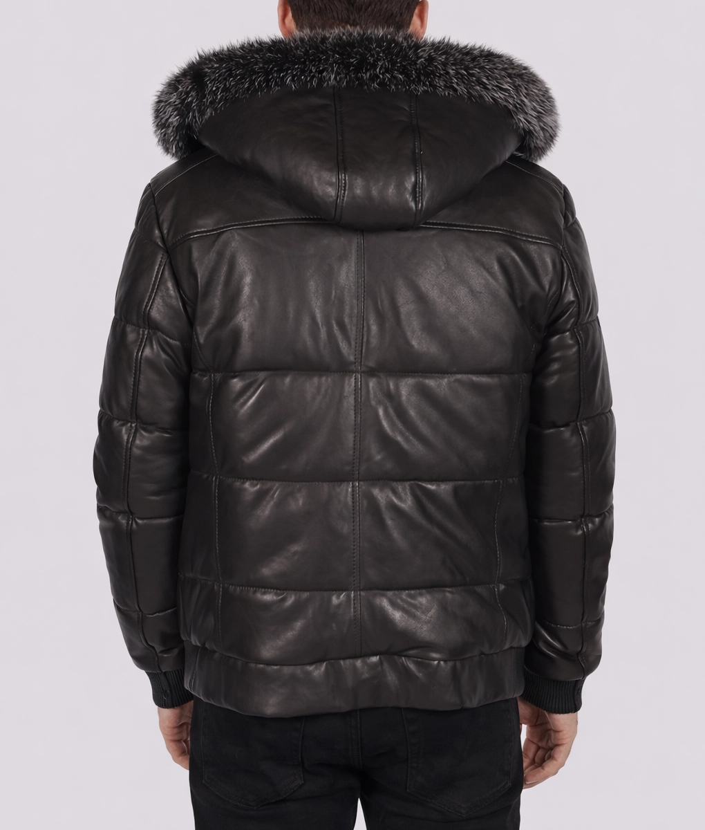 Men's Black Leather Puffer Jacket with Hood | Men's Black Leather Puffer Jacket-4