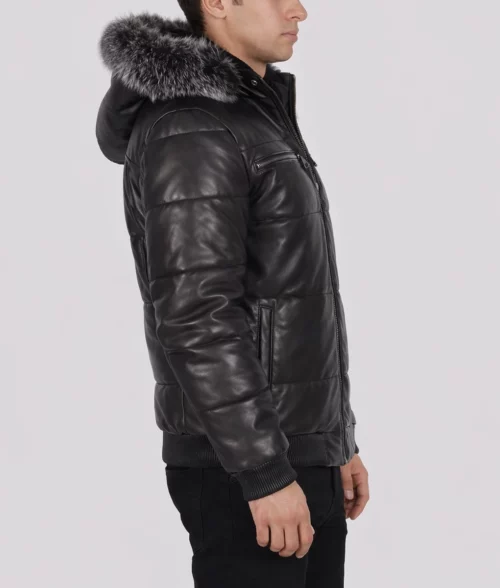 Men's Black Leather Puffer Jacket with Hood | Men's Black Leather Puffer Jacket-5