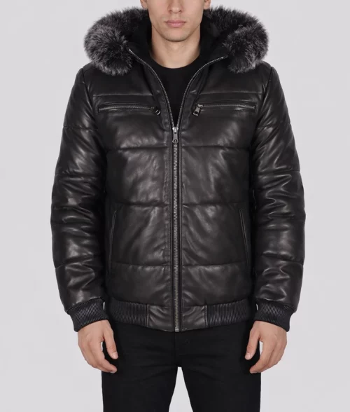 Men's Black Leather Puffer Jacket with Hood | Men's Black Leather Puffer Jacket-1