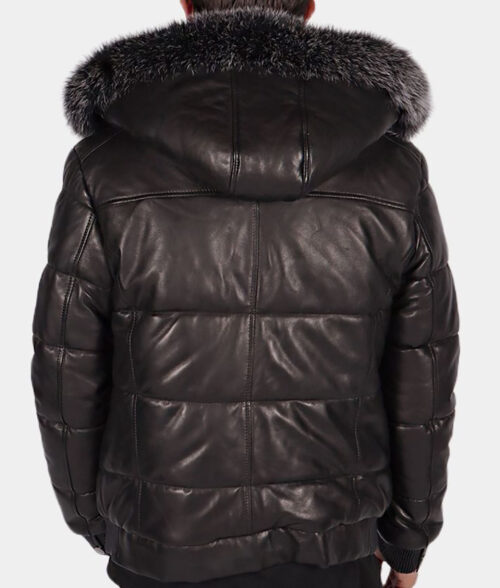 Mens-Black-Leather-Puffer-Jacket-with-Hood-Back-View
