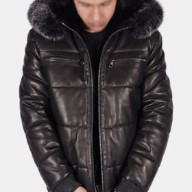 Mens Black Leather Puffer Jacket with Hood