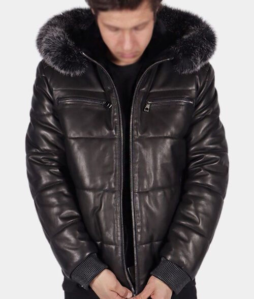 Mens Black Leather Puffer Jacket with Hood-Front View