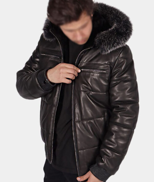 Mens Black Leather Puffer Jacket with Hood-Side View