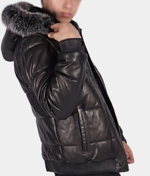 Mens Black Leather Puffer Jacket with Hood-Side View1