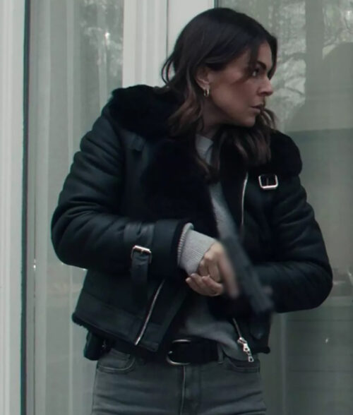 Reacher Serinda Swan Black Jacket Women - Black Aviator Jacket Womens | Women's Leather Jacket - Front View