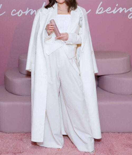 Selena Gomez White Coat - Selena Gomez Long Coat | Women's Wool Trench Coat - Front View