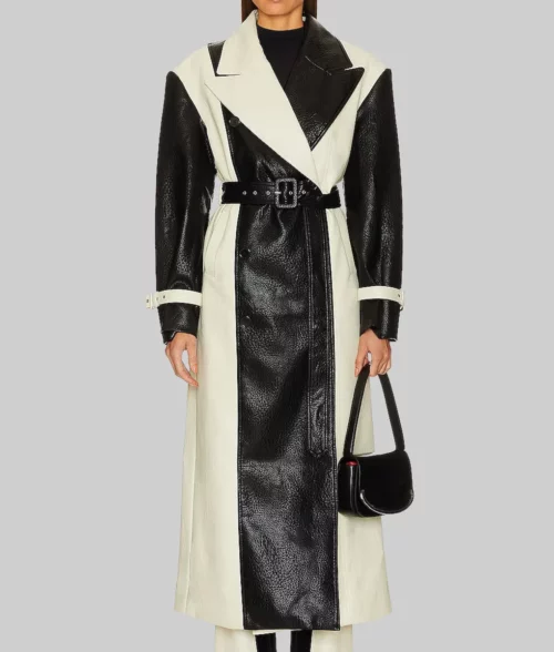 Selena Gomez White and Black Leather Coat