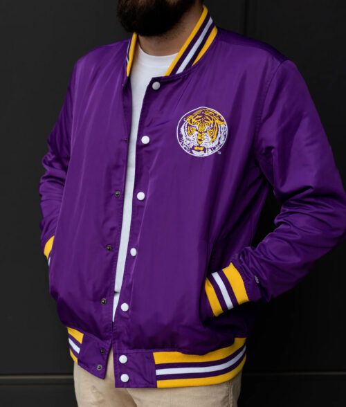 LSU Tigers Retro Purple Satin Varsity Jacket - Unisex Satin varsity Jacket - Front View