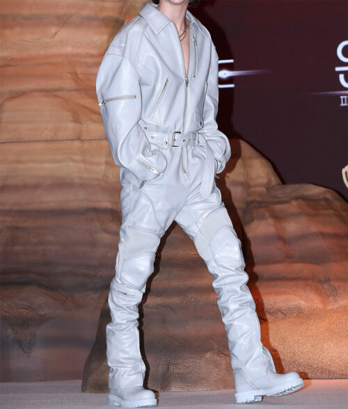 Timothee Chalamet Dune 2 Paul Atreides Grey Leather JumpSuit - Mens Grey Leather JumpSuit - Side View