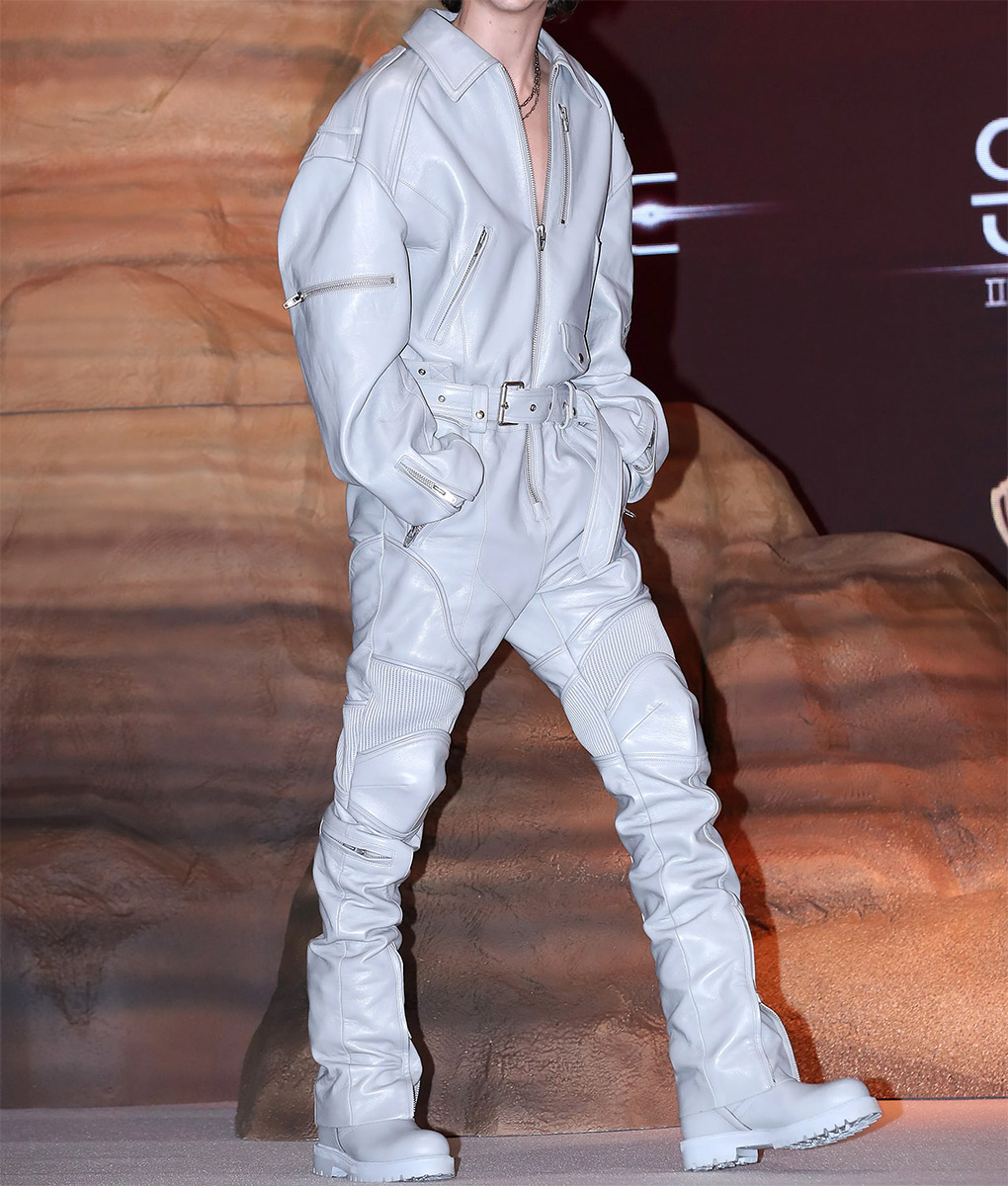 Timothee Chalamet Dune 2 Paul Atreides Grey Leather JumpSuit - Mens Grey Leather JumpSuit - Side View