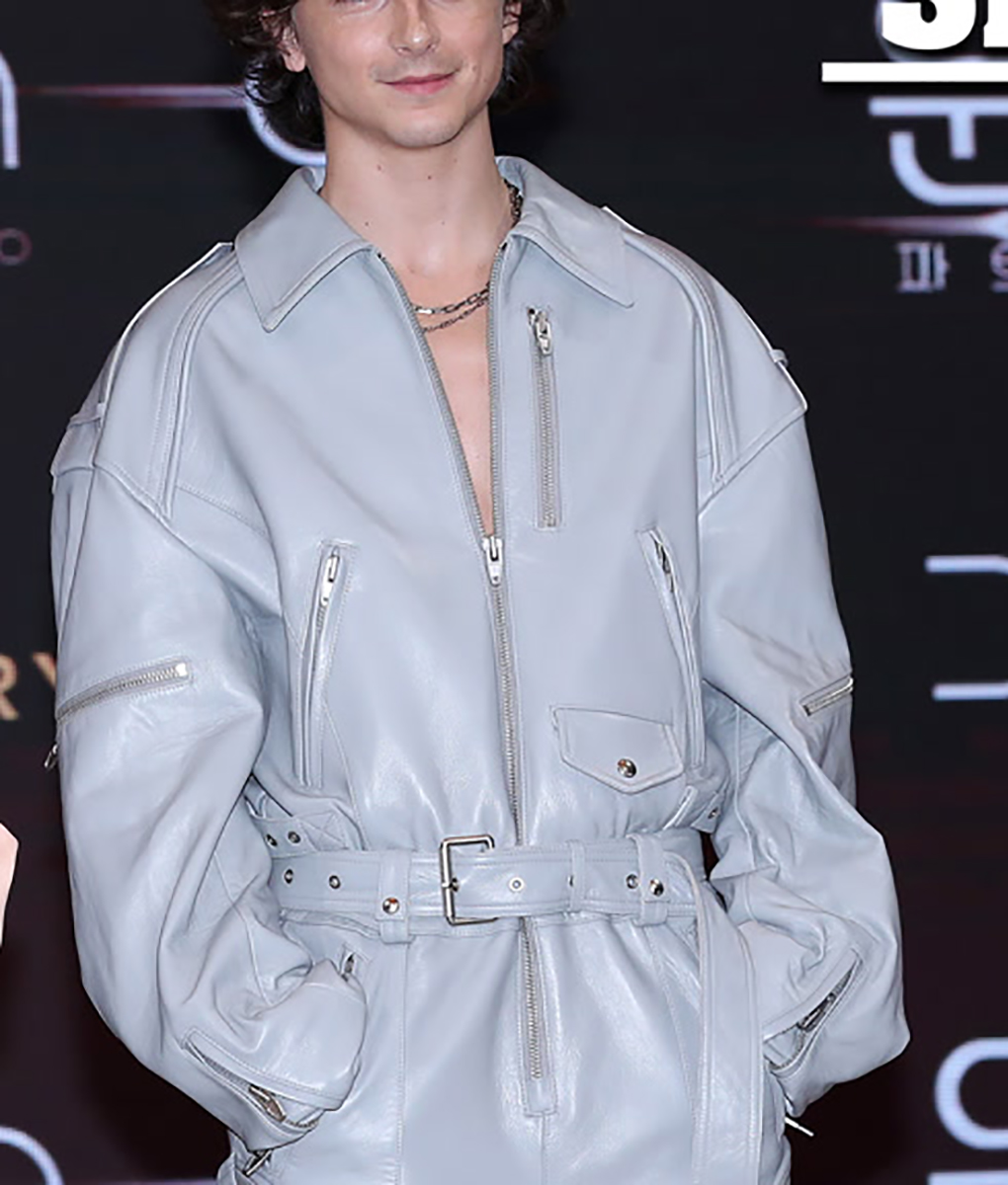 Timothee Chalamet Dune 2 Paul Atreides Grey Leather JumpSuit - Mens Grey Leather JumpSuit - Front View 2