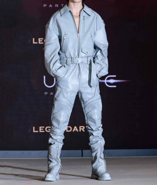 Timothee Chalamet Dune 2 Paul Atreides Grey Leather JumpSuit - Mens Grey Leather JumpSuit - Front View