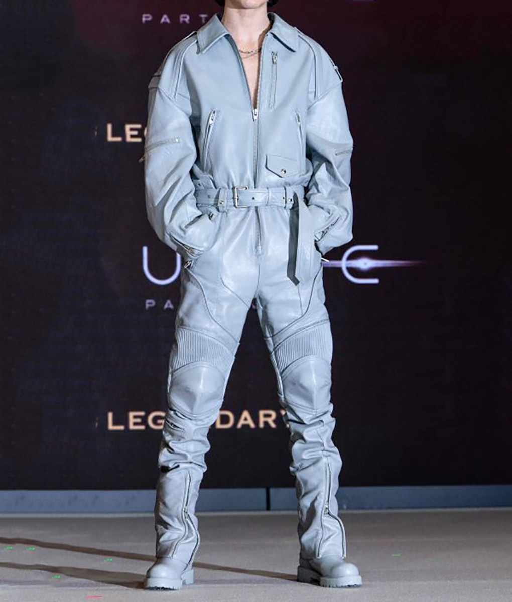 Timothee Chalamet Dune 2 Paul Atreides Grey Leather JumpSuit - Mens Grey Leather JumpSuit - Front View