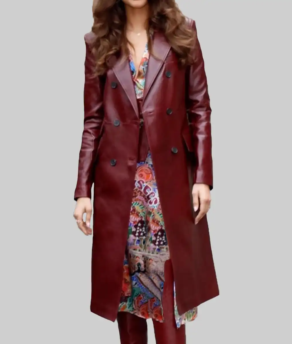 Zendaya Maroon Leather Trench Coat