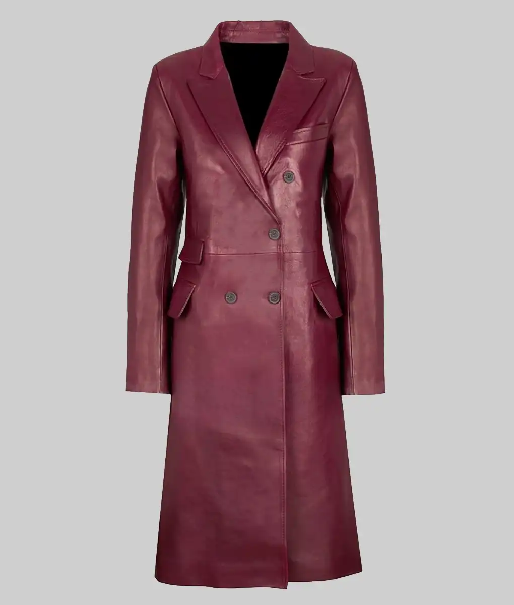 Zendaya Burgundy Double Breasted Leather Trench Coat