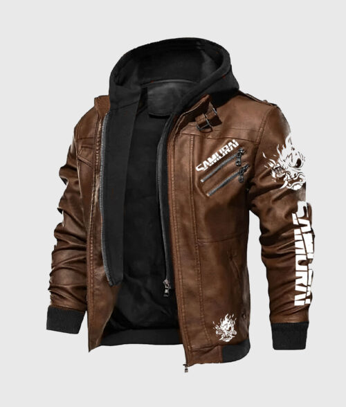 Cyberpunk 2077 Brown Jacket - Men's Brown Leather Jacket + Front View