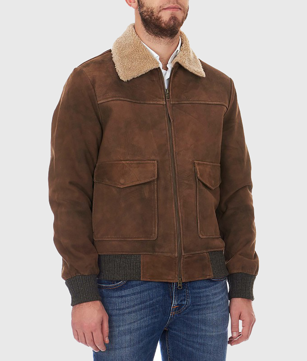Men's Brown Suede Leather Shearling Collar Jacket | The Leather City