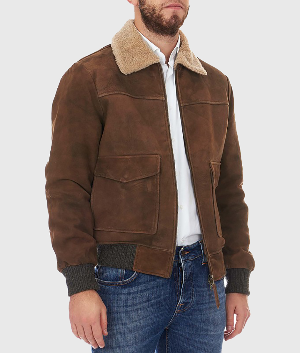 Men's Brown Suede Leather Shearling Collar Jacket | The Leather City