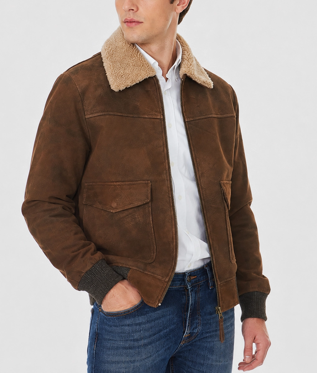 Walker Suede Leather Bomber Jacket - Front Side