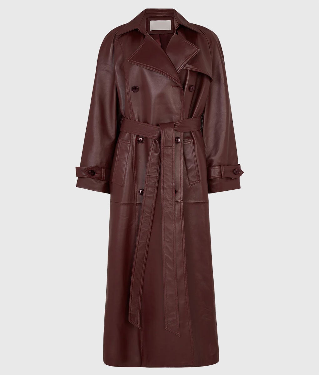 Selena Gomez Maroon Leather Trench Coat - Selena Gomez Knicks Game Leather Trench Coat - Front View 3