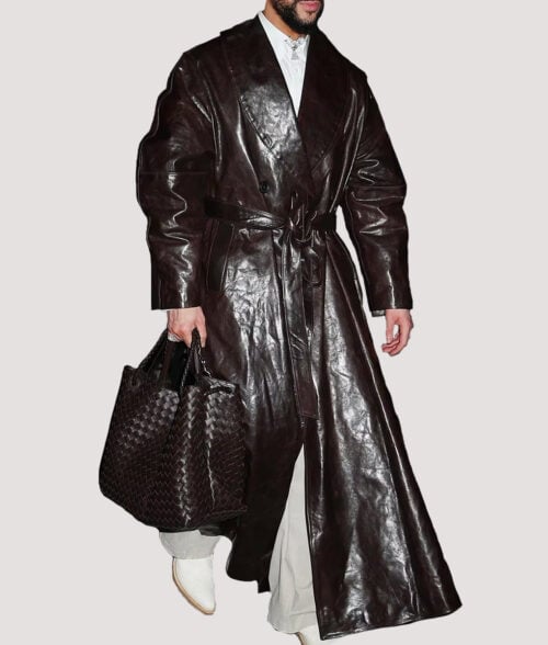 Bad Bunny Leather Coat - Bad Bunny Men's Leather Trench Coat - Front View