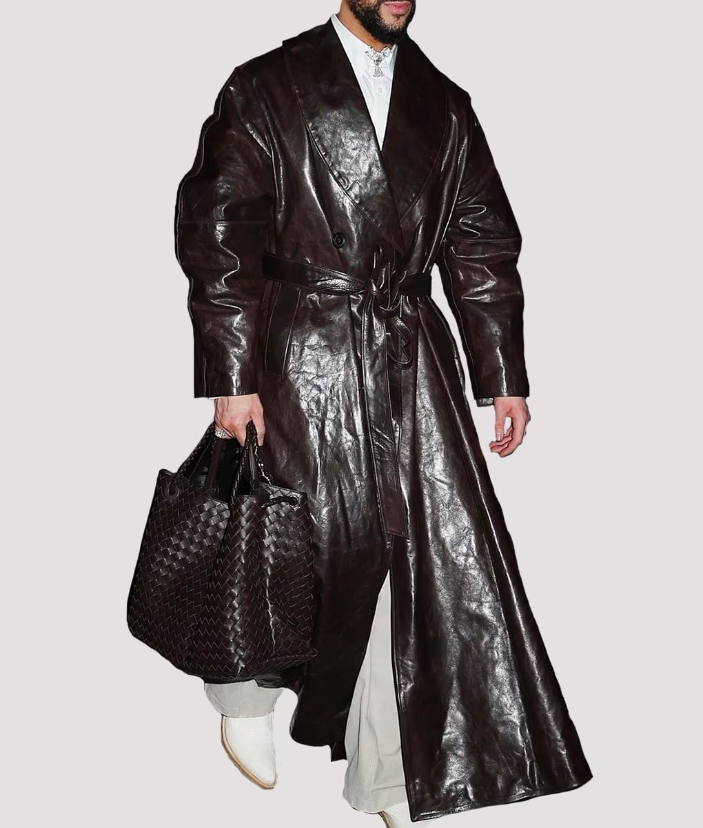 Bad Bunny Leather Coat - Bad Bunny Men's Leather Trench Coat - Front View
