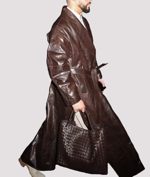 Bad Bunny Leather Coat - Bad Bunny Men's Leather Trench Coat - SideView