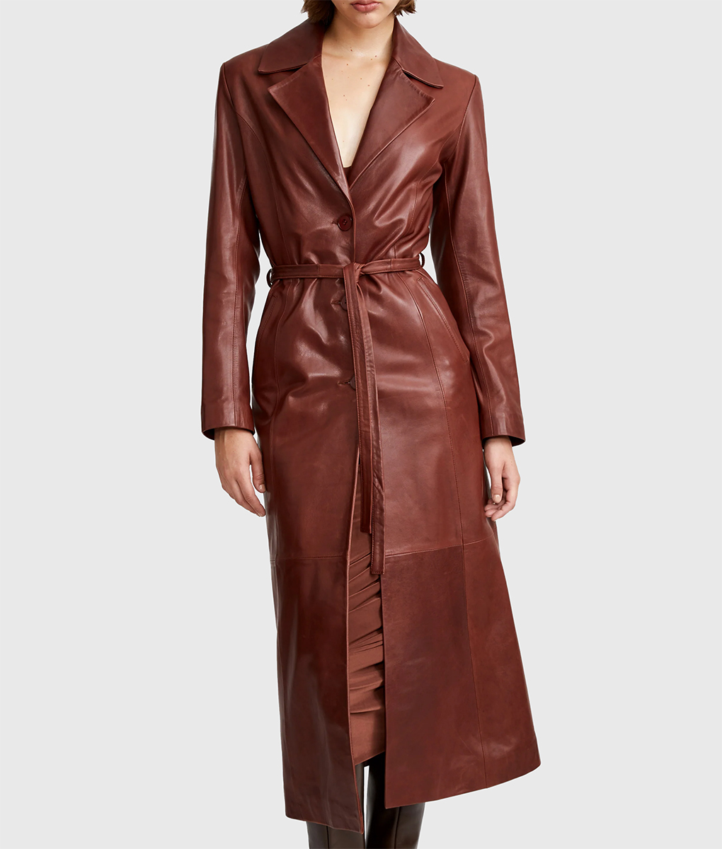 Emily Ratajkowski Brown Trench Coat - Emily Ratajkowski Brown Leather Trench Coat - Front View 3