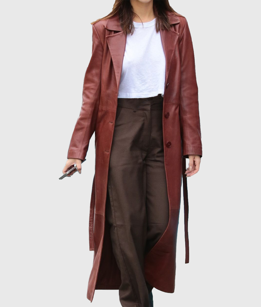Emily Ratajkowski Brown Trench Coat - Emily Ratajkowski Brown Leather Trench Coat - Front View 4