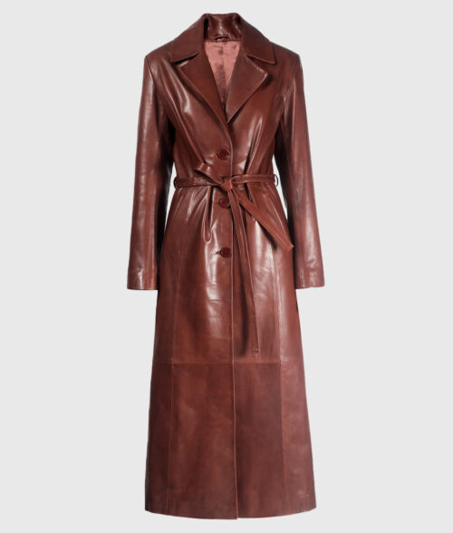 Emily Ratajkowski Brown Trench Coat - Emily Ratajkowski Brown Leather Trench Coat - Front View