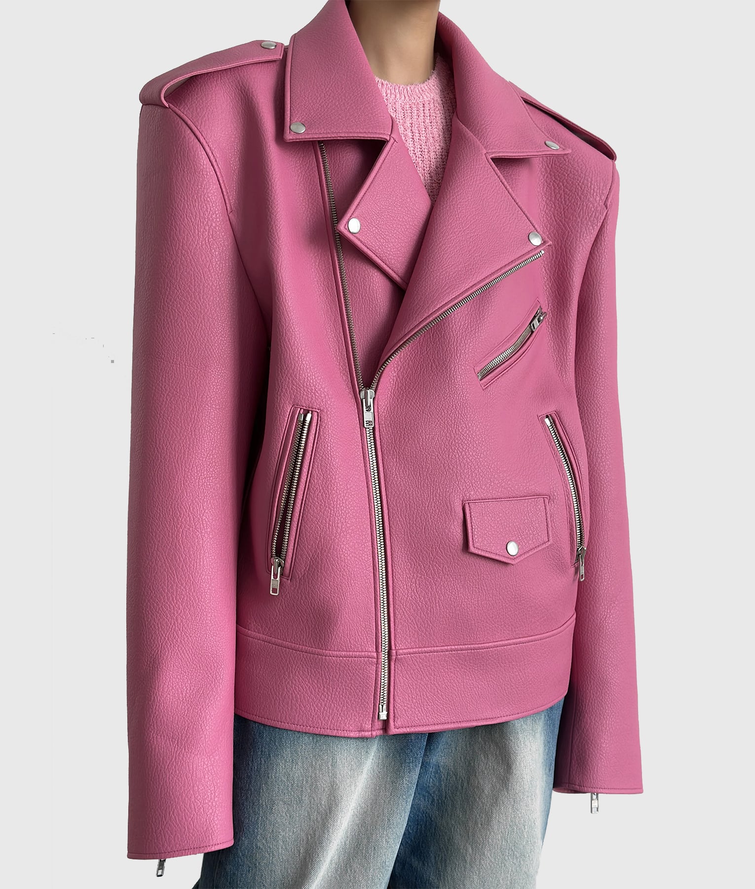 Heidi Klum Pink Jacket - Heidi Klum Arrives In France Pink Leather Jacket - Front View