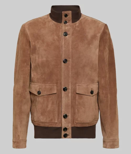 Glen Powell Brown Suede Leather Jacket - Glen Powell Brown Suede Leather Jacket For Men - Front View