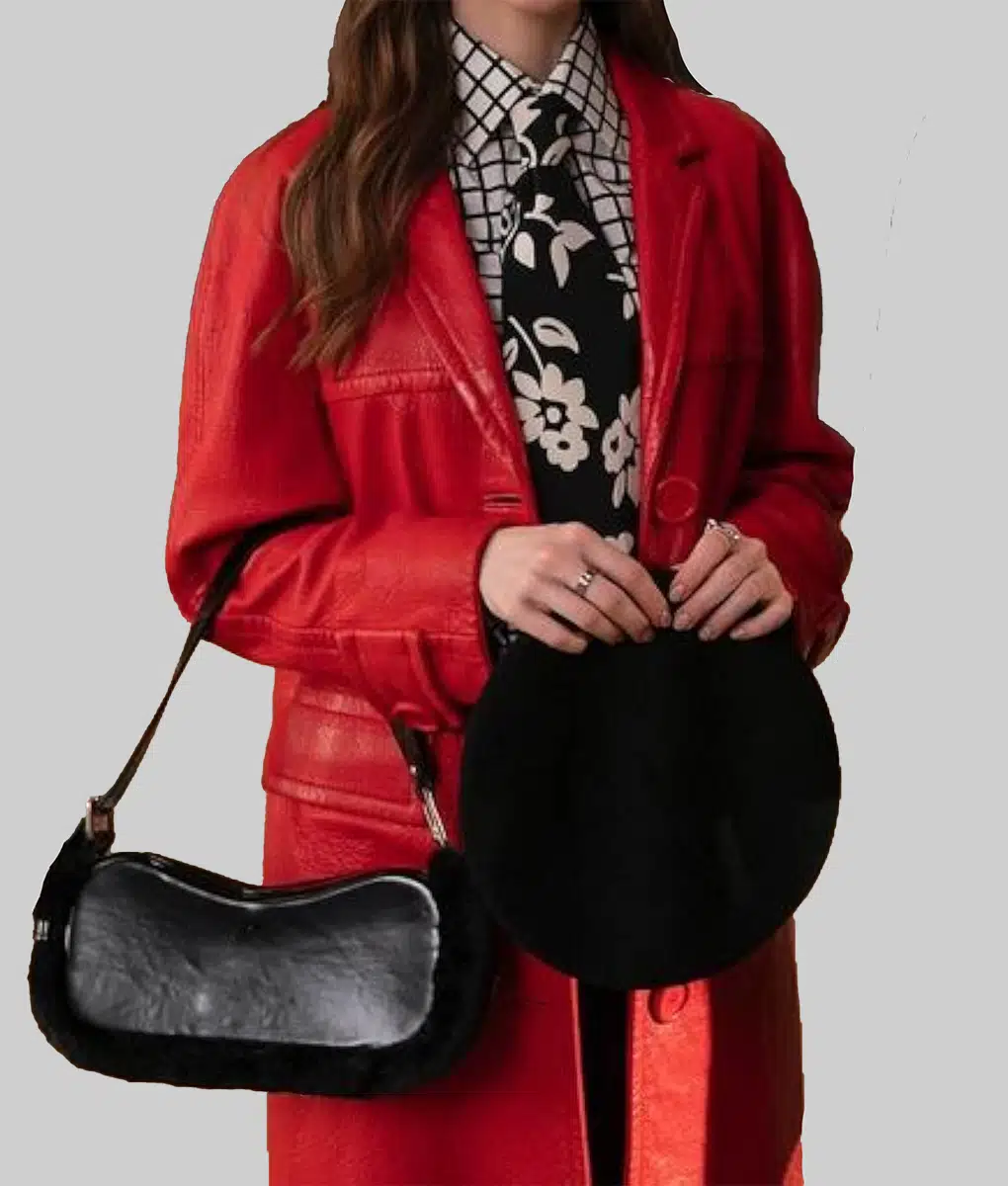 Emily in Paris Lily Collins Red Leather Coat - Emily in Paris Lily Collins Womens Red Leather Coat - Front View 1