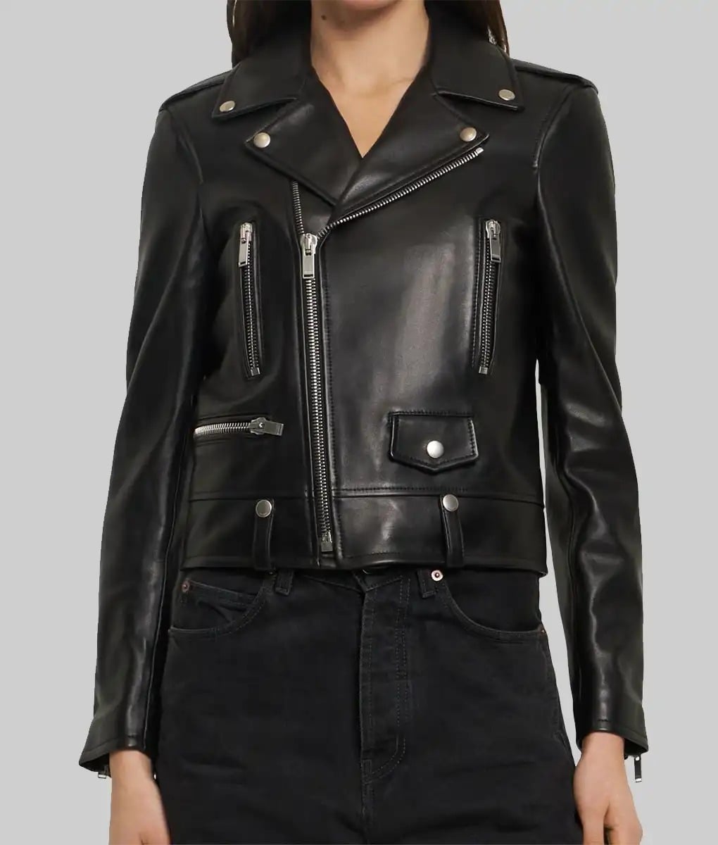 Georgina Rodriguez Black Leather Biker Jacket - Georgina Rodriguez Black Leather Double Rider Biker Jacket - Front View 2