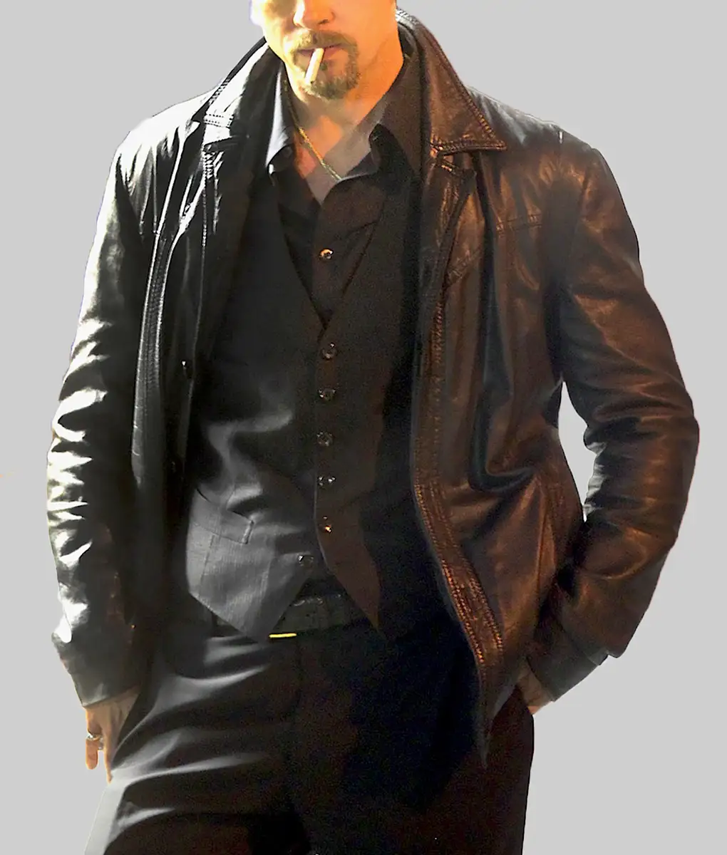 Killing Them Softly Brad Pitt Black Leather Jacket - Killing Them Softly Jackie Black Leather Jacket - Front Open View