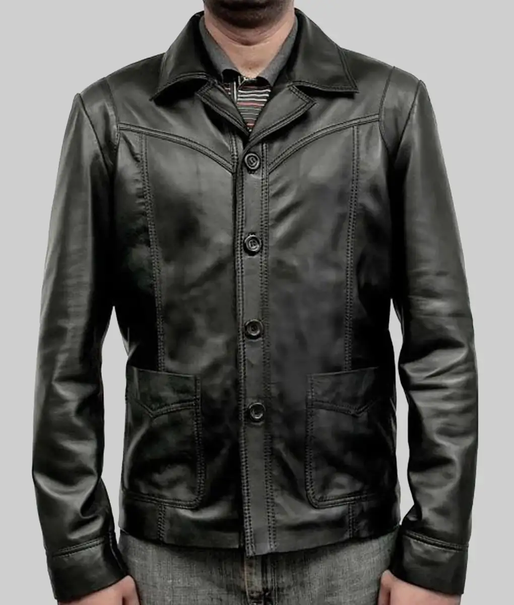 Killing Them Softly Brad Pitt Black Leather Jacket - Killing Them Softly Jackie Black Leather Jacket - Front View