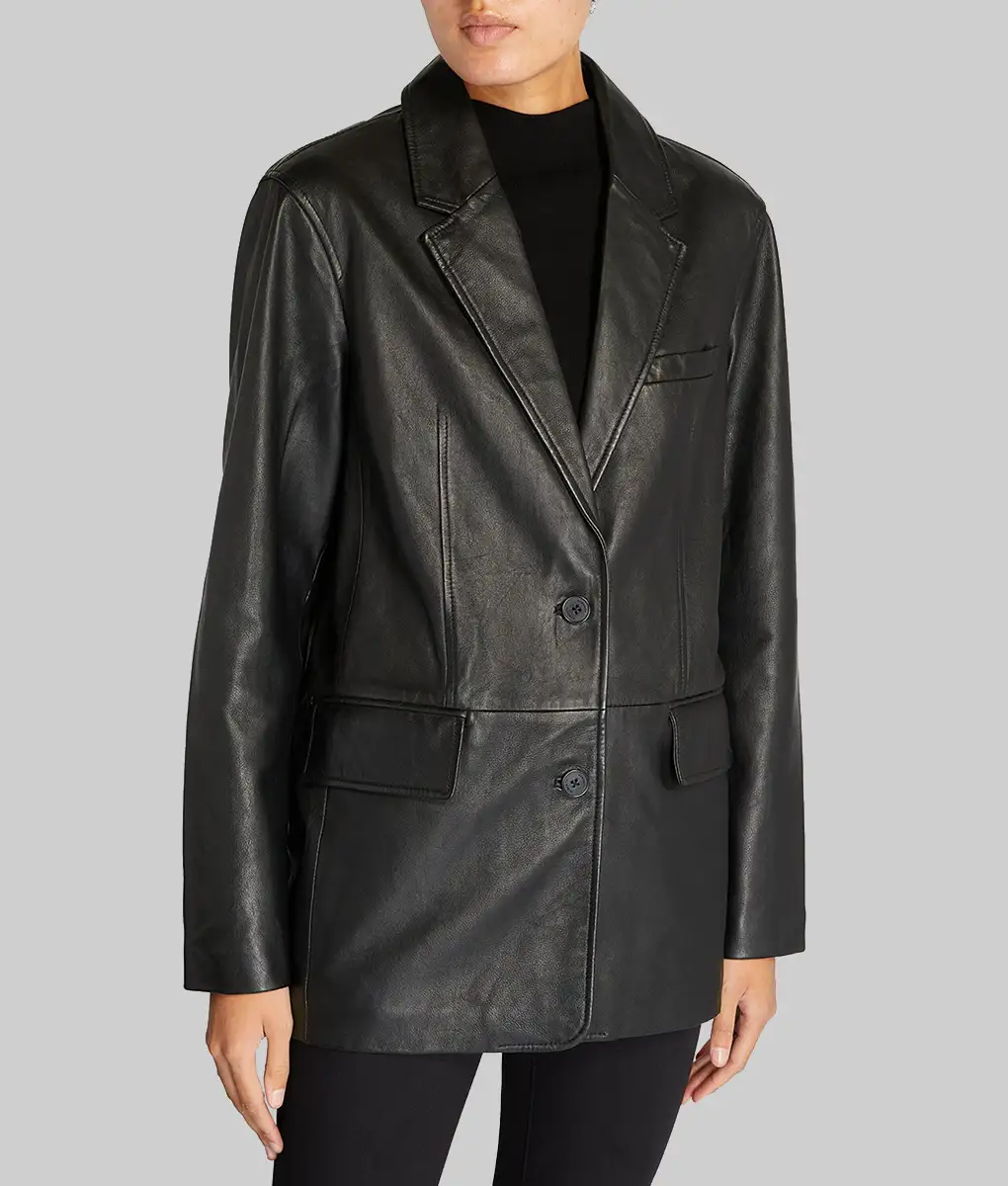 Kylie Jenner Black Oversized Leather Blazer - Kylie Jenner in Los Angeles Black Leather Oversized Blazer - Front View 2