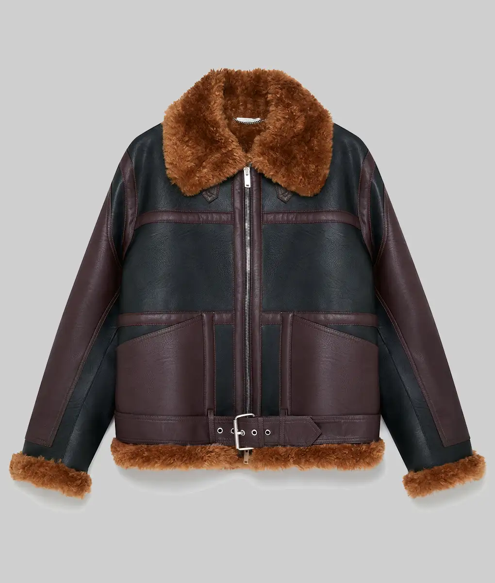 Stella McCartney Aviator Leather Jacket - Stella McCartney Brown & Black Aviator Leather Jacket - Front View