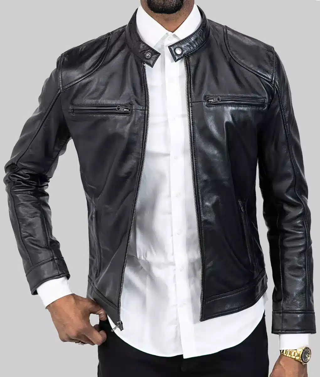 Vin Diesel Black Leather Biker Jacket - NBA All Star Vin Diesel Black Leather Biker Jacket - Front View