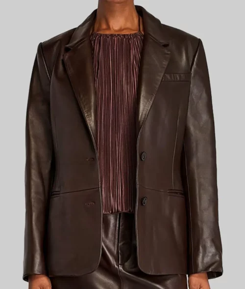 Gabrielle Union Leather Blazer - Gabrielle Union Brown Leather Blazer - Front Open View